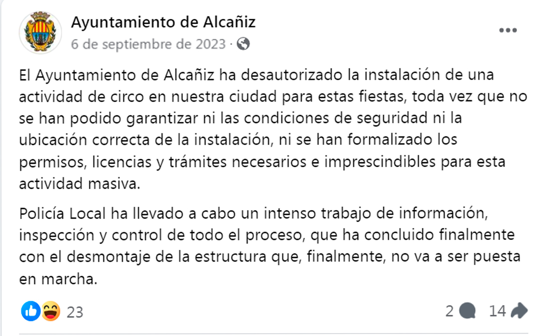 Comunicado emitido por el Ayuntamiento de Alcañiz en su Facebook el 6 de septiembre de 2023./ Facebook