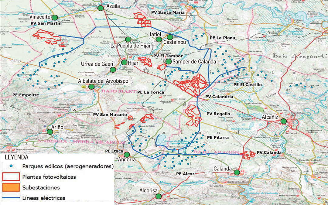 Distribución de los parques eólicos, plantas fotovoltaicas, subestaciones y líneas eléctricas del proyecto dentro del nudo Mudéjar./ ENEL.