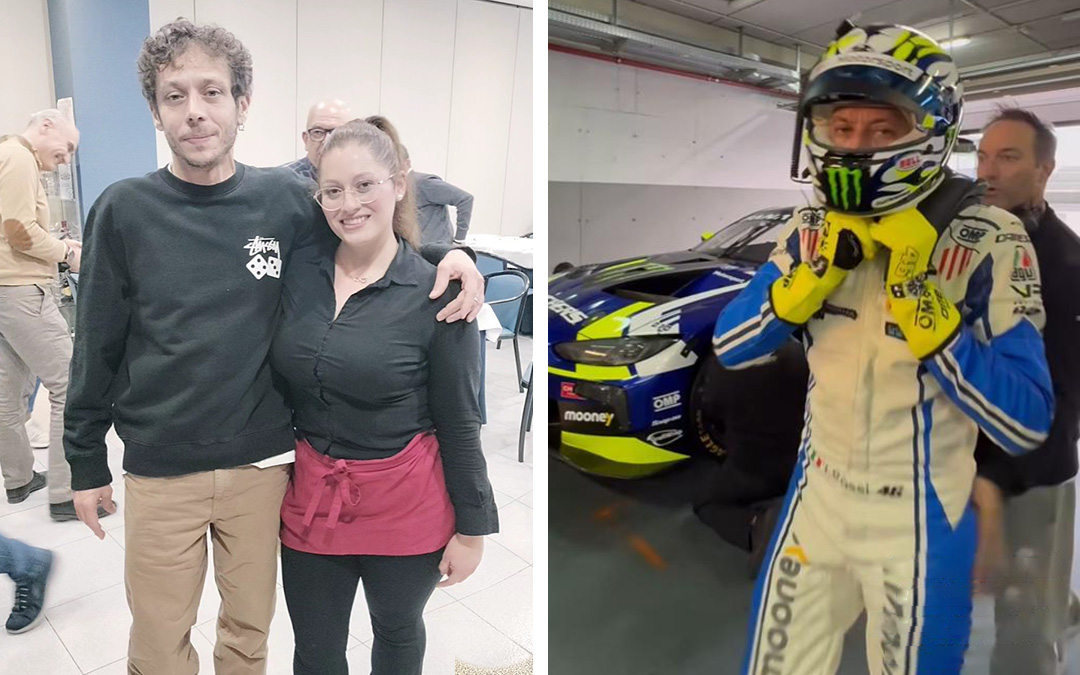 A la izquierda, Rossi con una trabajadora del Hotel Ciudad de Alcañiz. A la derecha, el piloto italiano en Motorland./ L.C.