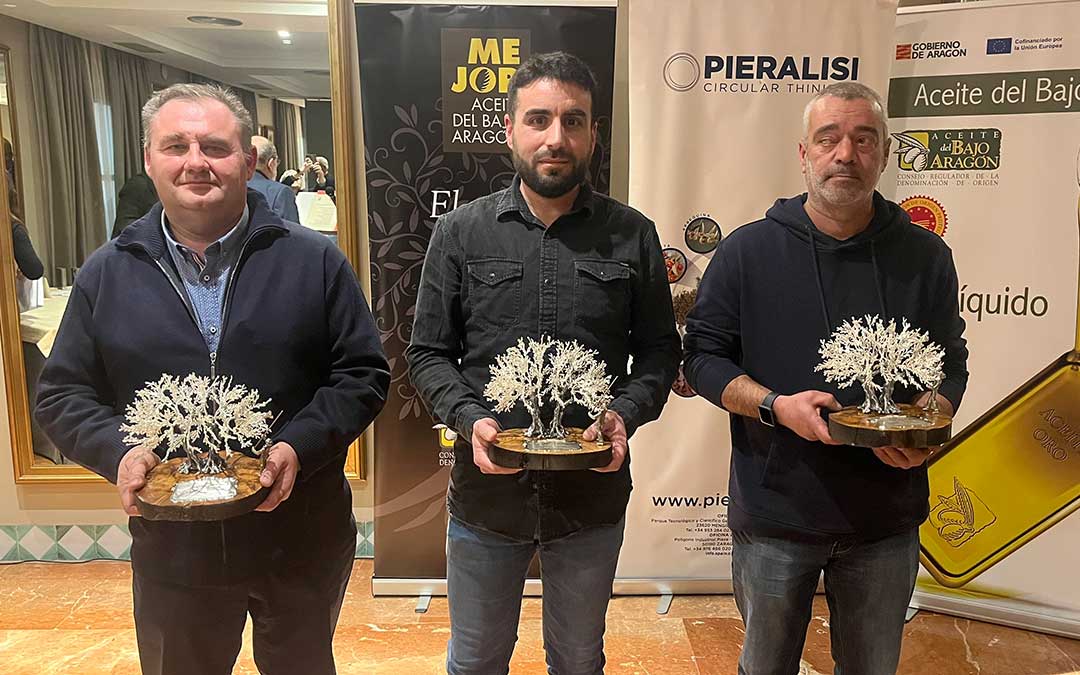 Alcober e Hijos (3º), Apadrina un Olivo (1º) y Aceites del Matarraña (2º) son los ganadores de los premios al Mejor Aceite del Bajo Aragón 2024 / L. Castel