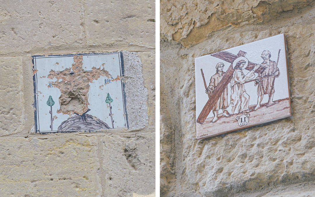 A la izquierda, la destruida placa a raíz de la cual surgió la idea de instaurar un nuevo Viacrucis. Esta no se ha retirado para «recordar el pasado». A la derecha, una de las nuevas estaciones./ C.O.