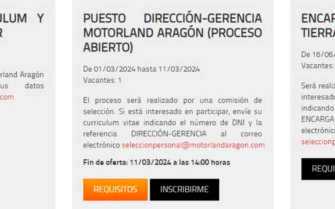 Oferta publicada en la web de Motorland para buscar al nuevo gerente / La COMARCA