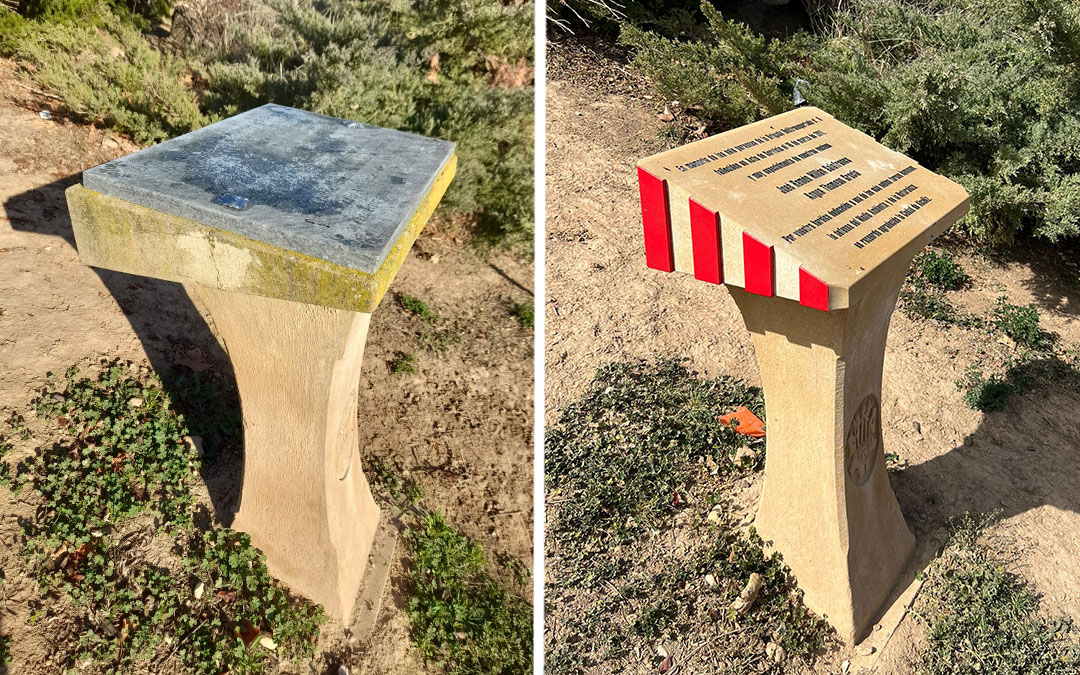 La concejalía de Medio Ambiente ha renovado y sustituido la parte superior del atril. La nueva pieza la ha realizado y grabado el escultor José Miguel Abril, y ha consistido en una pieza de piedra arenisca de Alcañiz en forma de atril con las barras de Aragón talladas en los laterales, y con una inscripción policromada./ José Miguel Abril / L.C.