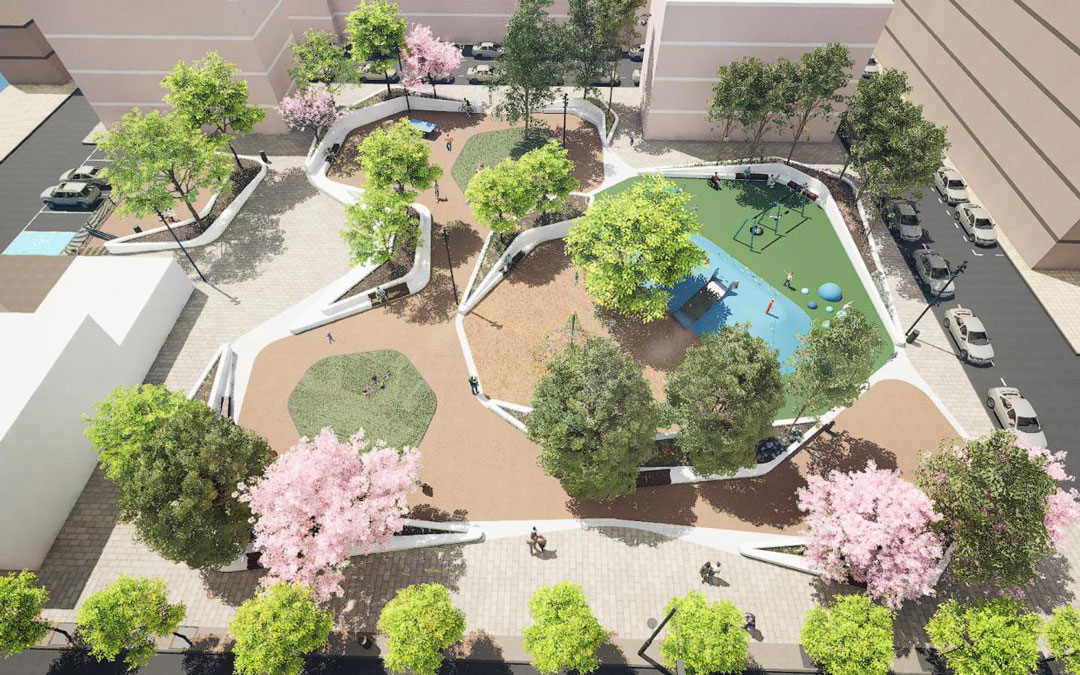 Recreación del parque de la avenida Aragón tras la remodelación integral./ mmt arquitectos