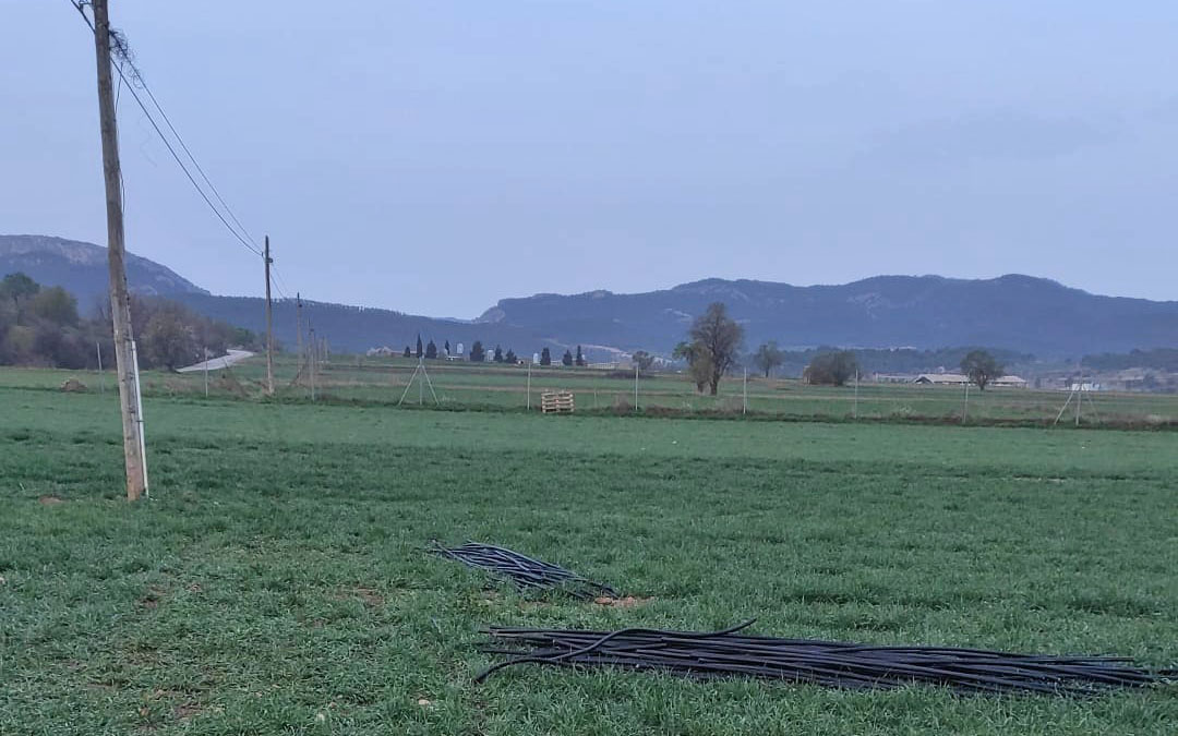 Así han amanecido varias fincas de Peñarroya de Tastavins este miércoles, con cables cortados y propiedades en las que han entrado./ L.C.