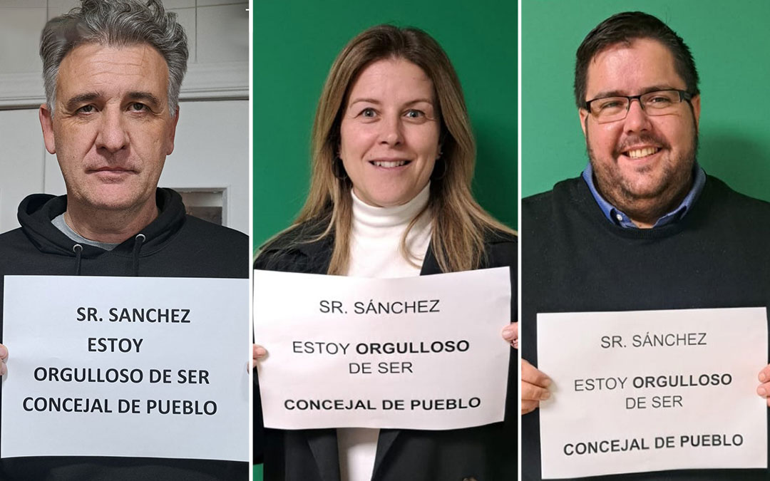 El alcalde de Utrillas, Joaquín Moreno, la concejal de Berge, Maribel Oliveros y el concejal de La Codoñera, Alberto Carmona participan en la protesta./ RRSS