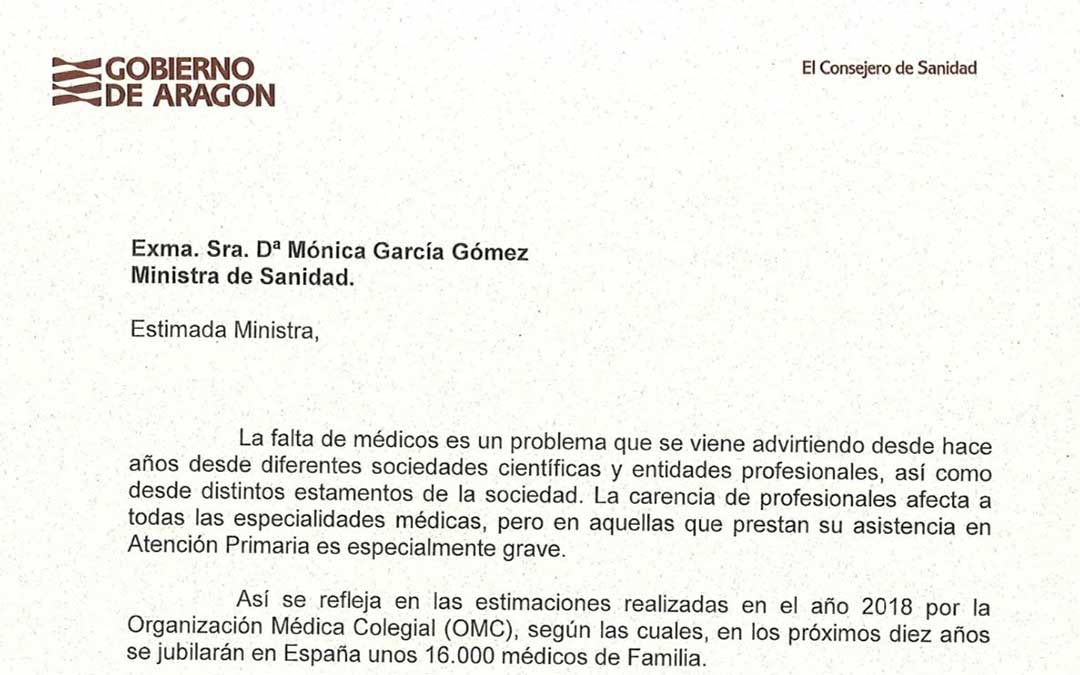 Carta de Bancalero a la ministra de Sanidad./ DGA