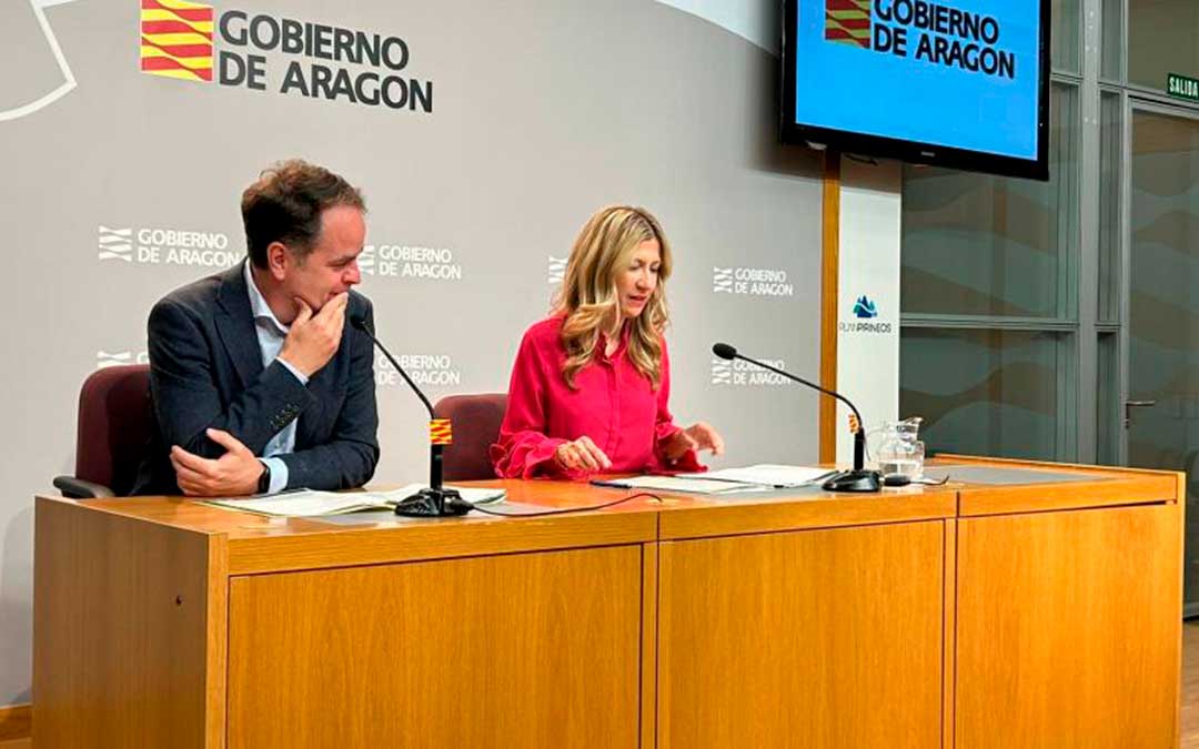 El consejero Roberto Bermúdez de Castro y la vicepresidenta segunda Mar Vaquero, durante la rueda de prensa del Consejo de Gobierno este martes./ DGA