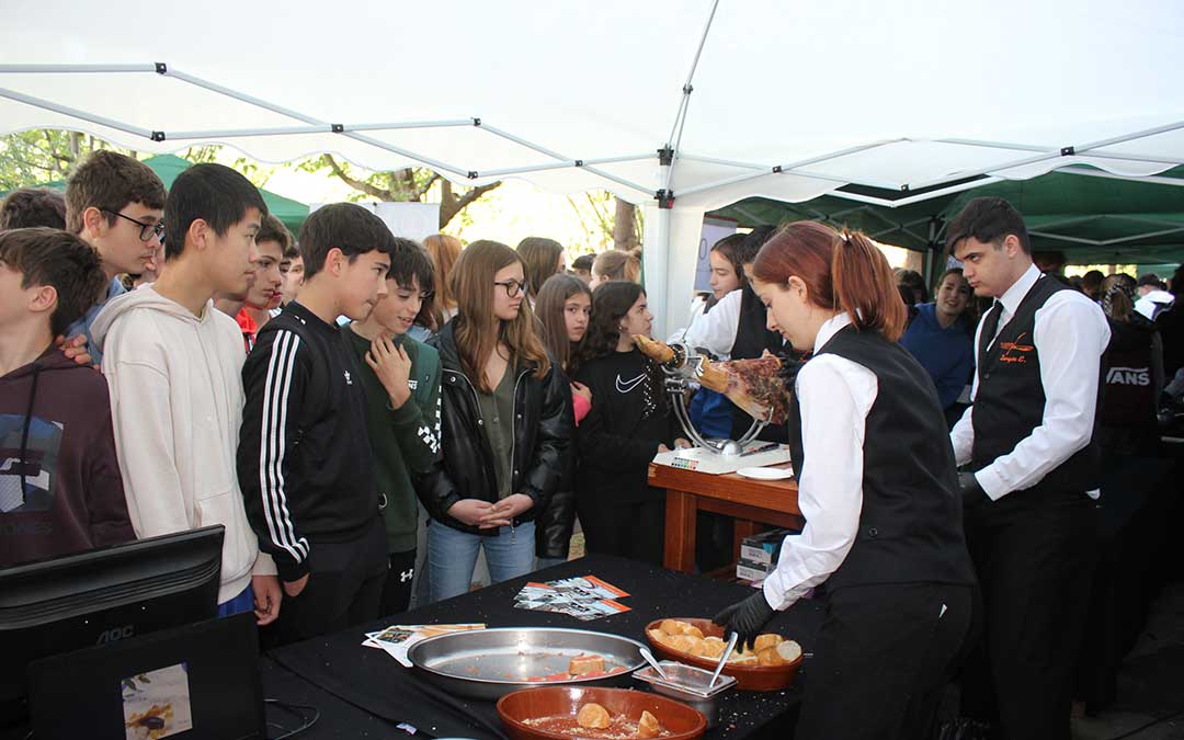 Alumnos y profesores de FP del IES Matarraña de Valderrobres que han participado este martes en la VI Feria de la Formación Profesional en el Bajo Aragón / L. Castel