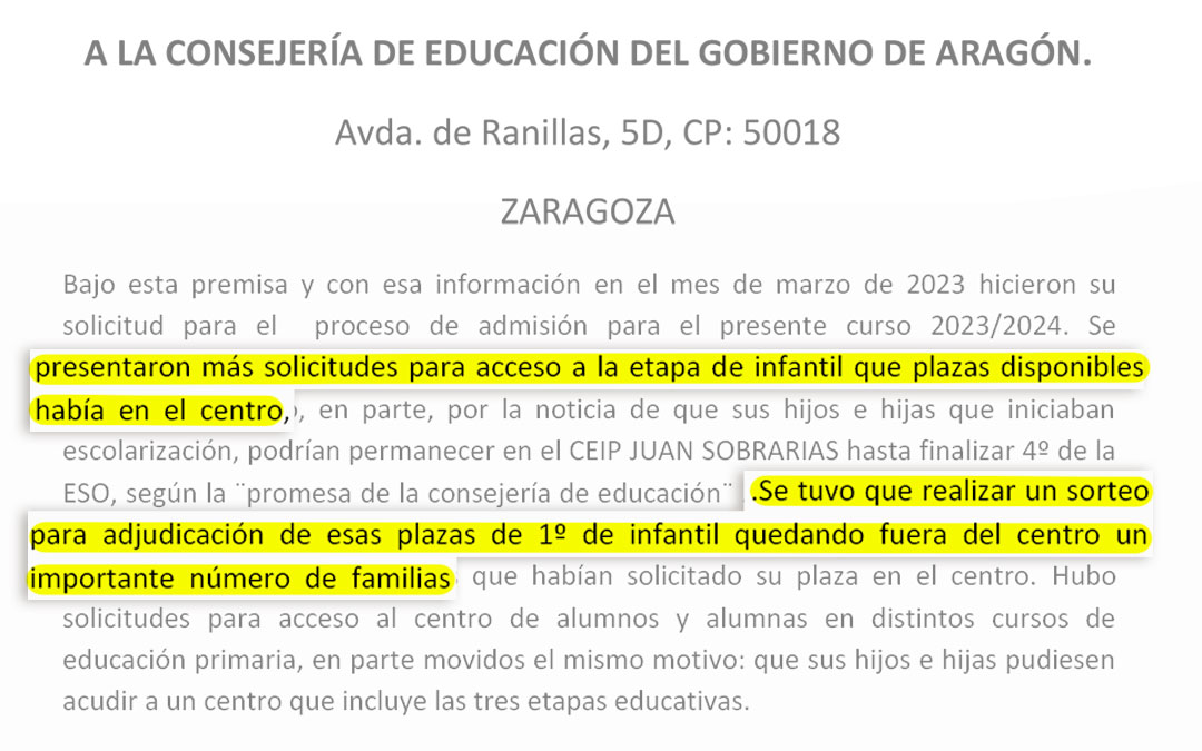 Parte del documento que envió el AMPA del CEIP Juan Sobrarias en enero a la consejería de Educación del Gobierno de Aragón. / L.C