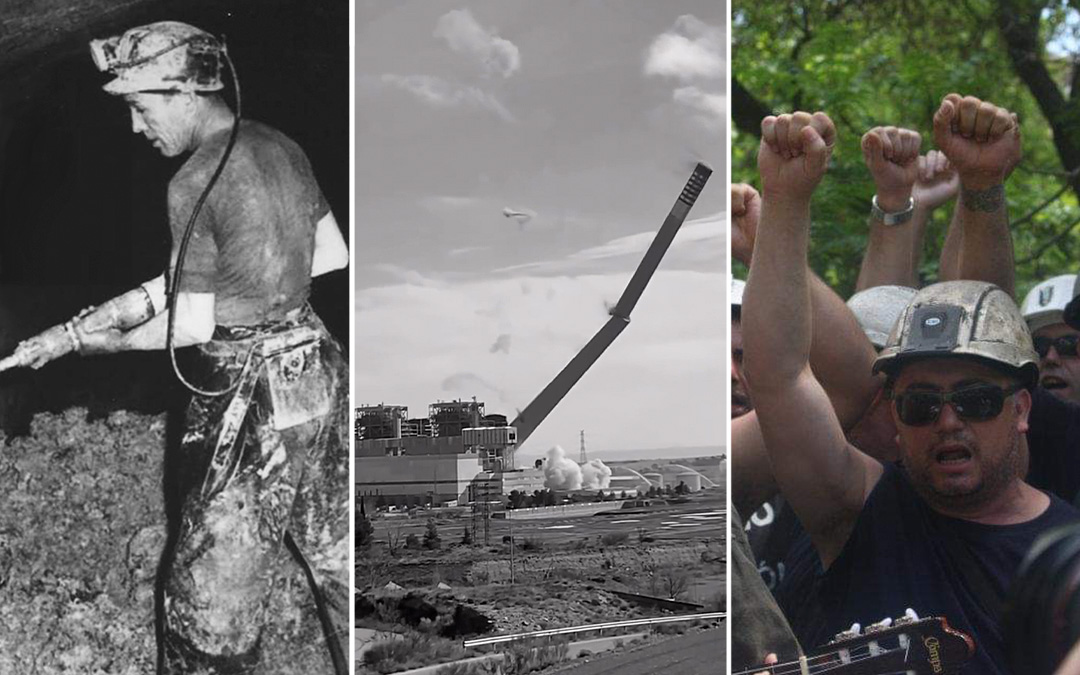 De izquierda a derecha: el abuelo de la periodista picando en la mina Santa María (Ariño), la demolición de la chimenea de la Térmica y su padre, Manuel Rodríguez, alzando el puño en una de las multitudinarias manifestaciones./ Imágenes de Aitana Rodríguez De Toro