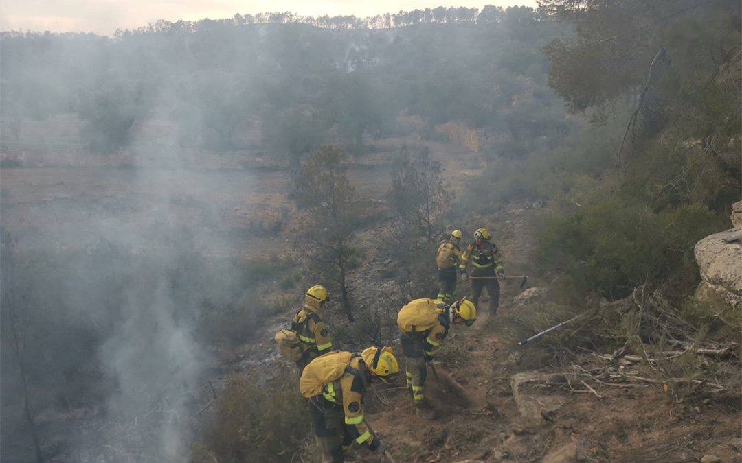 Brigada helitransportada de Alcorisa trabajando en el incendio de Nonaspe haciendo línea de defensa./ Operativo INFOAR