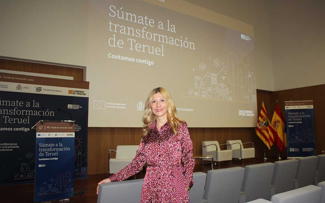 La vicepresidenta segunda, Mar Vaquero, este lunes tras la presentación del Fondo de Transición Justa en Alcañiz./ L. Castel