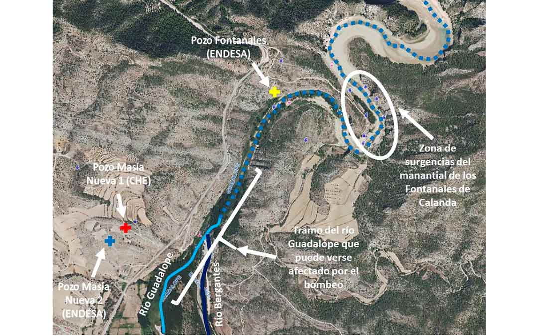 Mapa de la cola del embalse de Calanda con la situación de los sondeos Masía Nueva 1 y Masía Nueva 2 que se van a investigar./CHE