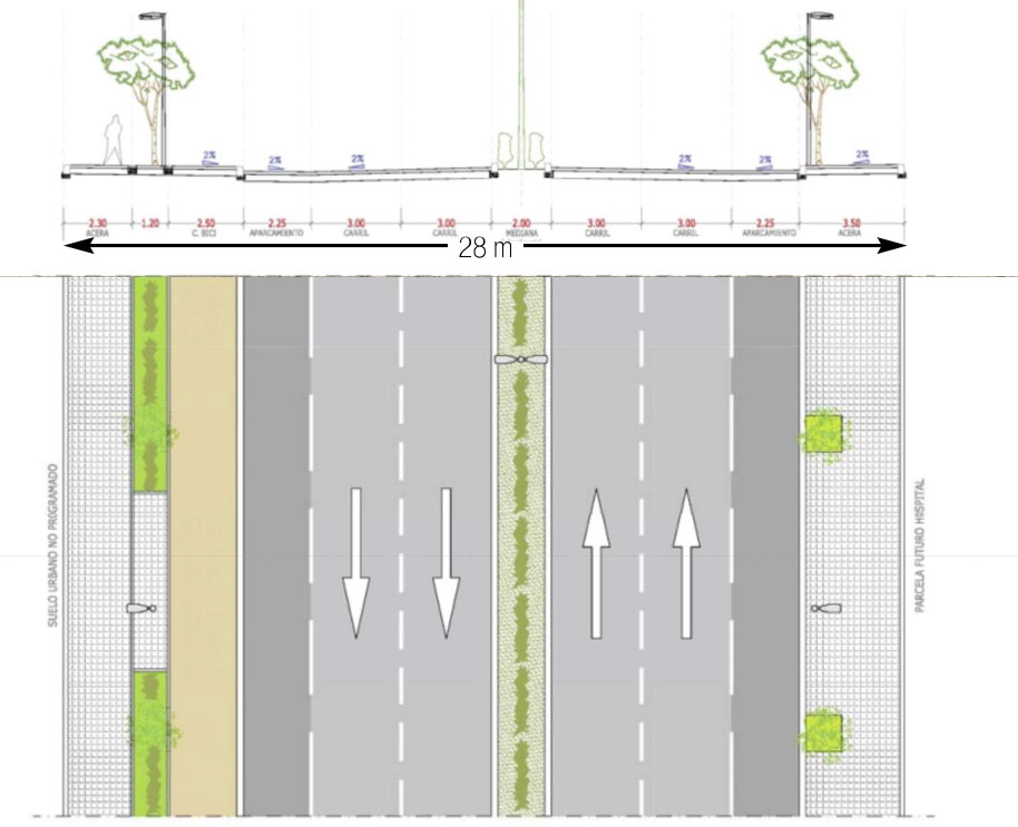 El vial tendrá dos carriles por sentido, aparcamiento en ambos lados, aceras y un carril bici. Contará con abundante vegetación en los extremos y en la mediana./ L.C.