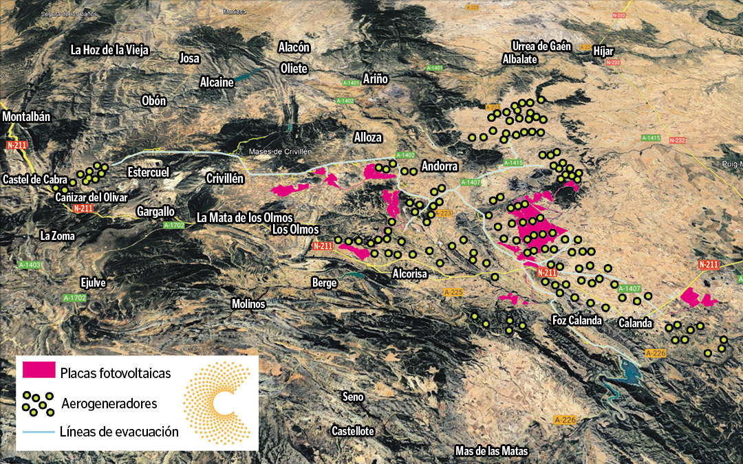 Mapa de la extensión de los seis parques fotovoltaicos y los siete eólicos junto a las líneas de evacuación de nueva creación./ La COMARCA