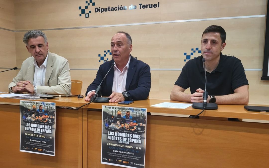 Joaquín Moreno, alcalde de Utrillas; Miguel Iranzo, diputado de Cultura, y José María Lancís, concejal de Deportes este miércoles durante la presentación del I Torneo de la Liga Nacional de Fuerza 2024./ DPT.