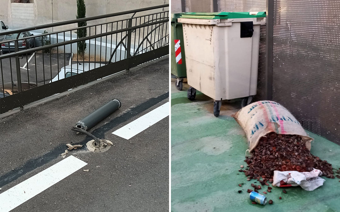 Un pivote roto y basura depositada fuera del contenedor, actos vandálicos e incívicos denunciados por el Ayuntamiento de Alcorisa./ Facebook del Ayuntamiento