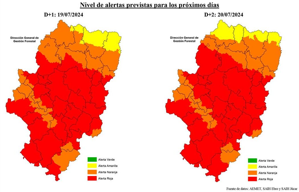 Prácticamente todo el Bajo Aragón Histórico se encuentra en alerta roja por incendios forestales./ DGA