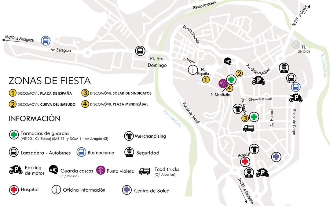 Mapa de las zonas de fiesta durante el Gran Premio de Aragón de MotoGP 2024 en Alcañiz./ L.C.