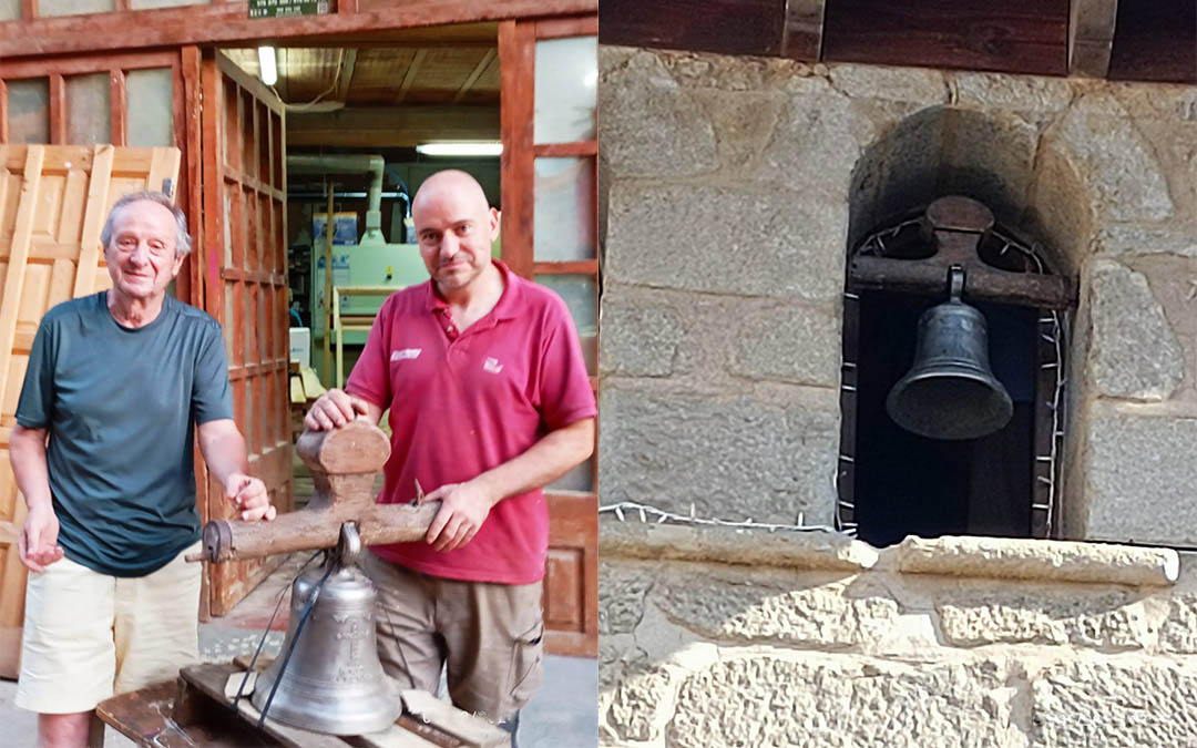 La campana tras ser restaurado el contrapeso por el carpintero de Beceite, Álvaro Queral, junto a Marc Villoro de 'Lo Rostoll/Q68'. A la derecha ya instalada./ M.V.