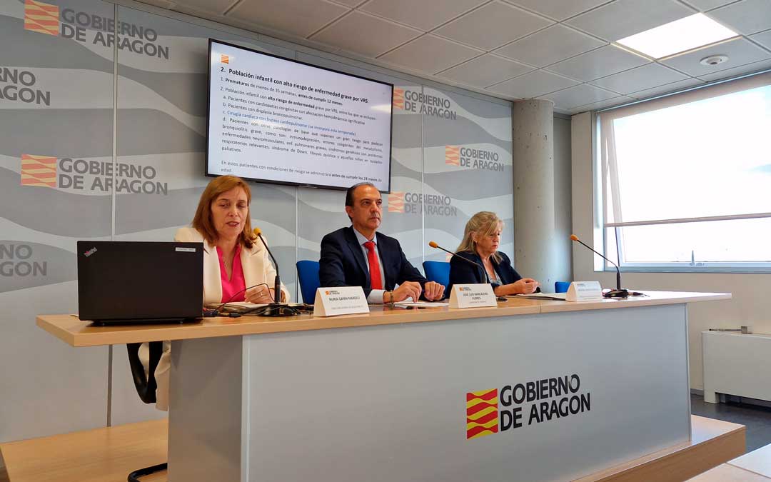 El consejero de Sanidad de DGA, José Luis Bancalero, la directora de Salud Pública, Nuria Gayán (dcha.) y la jefa de servicio en Vigilancia, Begoña Adiego./ DGA
