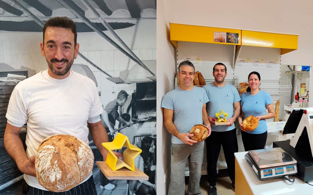 Adrián Omella, al frente del Horno Llerda de Cretas (izq.); y Luis Agut, Antonio Agut y María Pilar Agut (dcha.) de la panadería Agut Colomer de Calaceite posan con la estrella que les acredita como una de las 50 mejores panaderías de España./ A.O. y L.A.