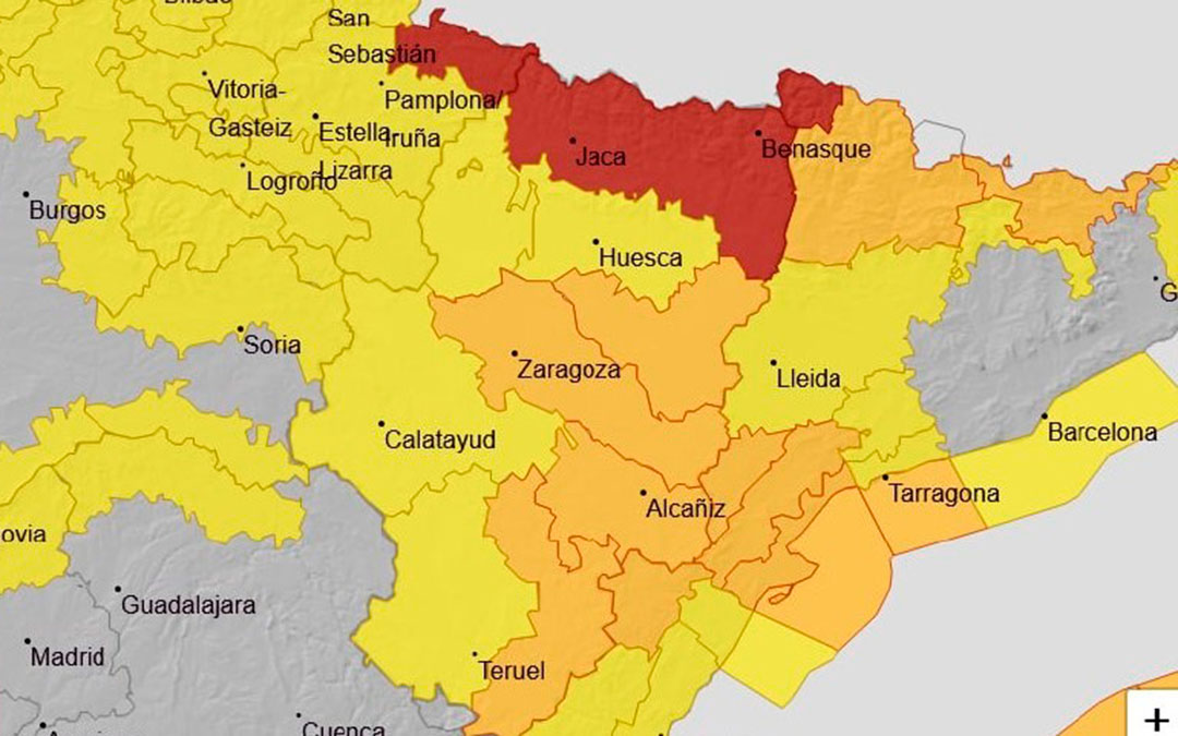 En el mapa se aprecian los avisos naranjas y amarillos por viento. La zona de rojo hace referencia al riesgo de nevadas hasta el 8 de diciembre. / DGA