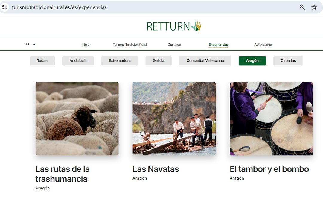 Captura del portal nacional turismotradicionrural.es, que destaca las experiencias turísticas basadas en tradiciones aragonesas como las rutas de la trashumancia, el descenso de navatas y el toque del tambor y el bombo, todas ellas Patrimonio Cultural Inmaterial de la Humanidad./ FAMCP
