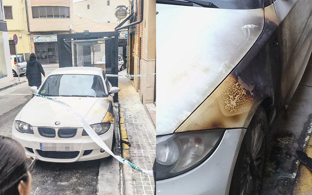 El fuego afectó a la parte delantera del BMW de color blanco, dañando principalmente la rueda izquierda y parte del faro./ L.C.