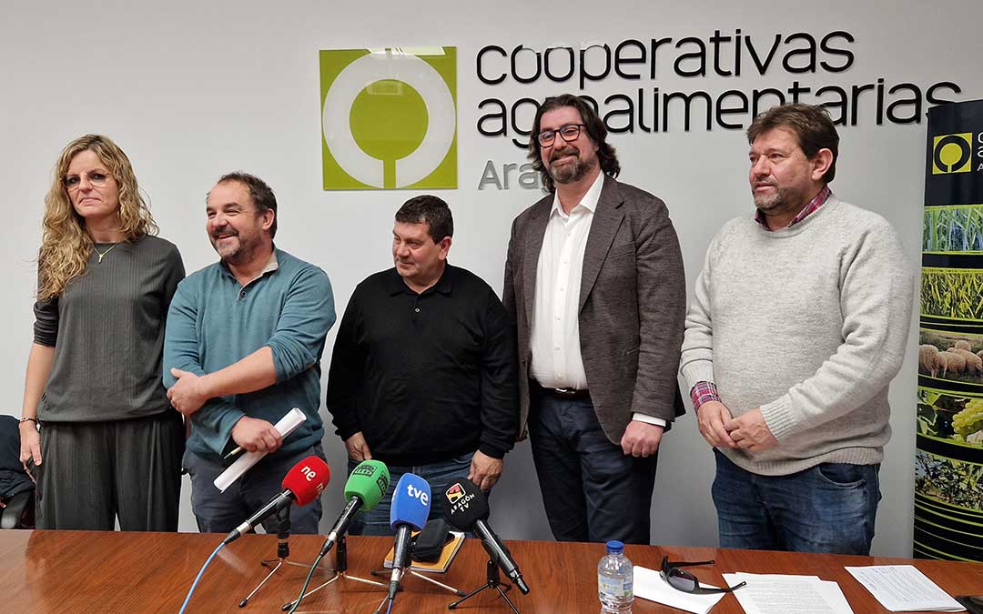Ana Cabanillas, de ARAGA; Óscar Moret, de UAGA; Víctor Martínez, de Cooperativas Agroalimentarias de Aragón; Enrique Arcéiz, de UPA y Gerardo Torralba, de ASAJA en rueda de prensa este miércoles./ La COMARCA