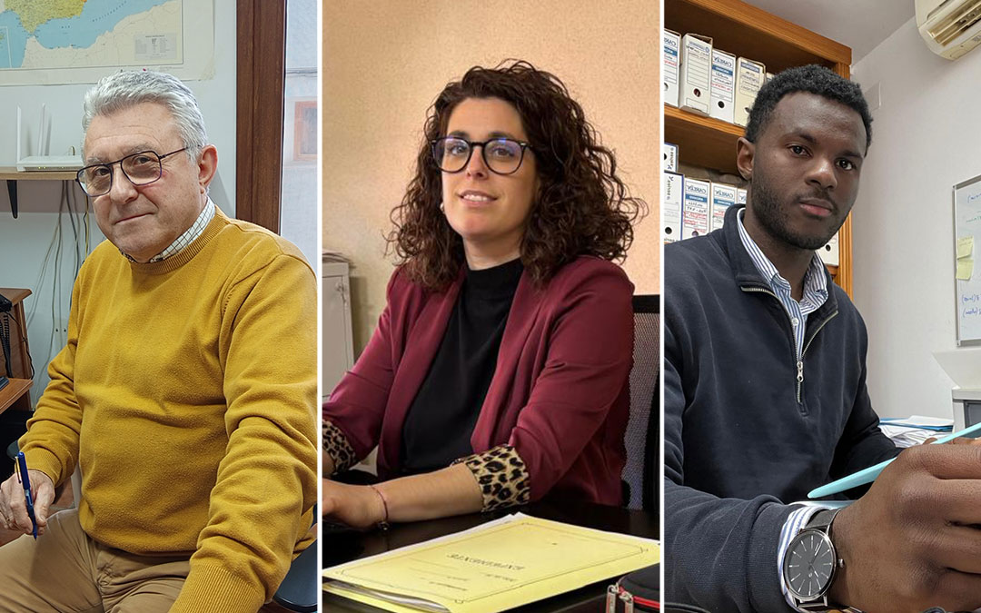 El secretario de La Ginebrosa y La Cañada, Manuel Querol; la secretaria de Vinaceite y Azaila, Beatriz Úbeda; y el secretario de Fuentespalda, La Portellada y Ráfales, Fadia Mamadou./ La COMARCA.