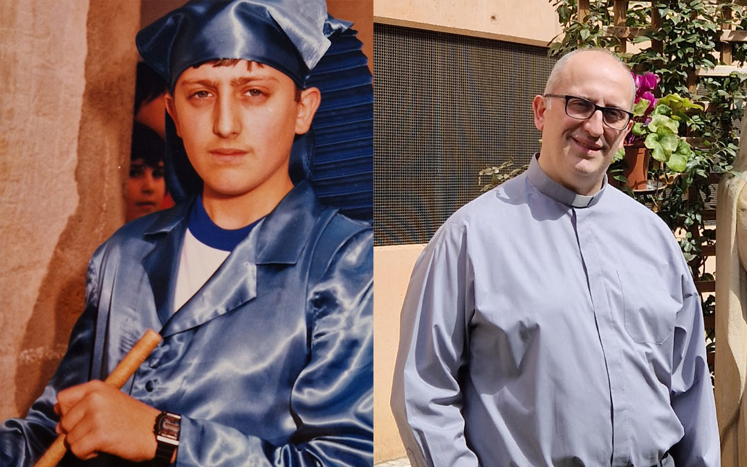 Esteban Sabater, en el Seminario de Zaragoza, donde ejerce como Vicerrector en la actualidad y, él de pequeño en Alcañiz, donde siempre participaba en las procesiones junto a su familia. / Archivo familiar