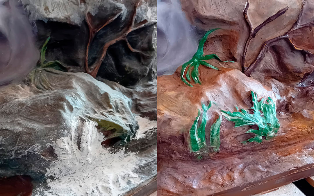  El antes y el después de parte de la peana que se ha restaurado. En ese proceso aparecieron unas hojas y ramas de acanto, que jamás habían sido vistas. / Toño Rapa