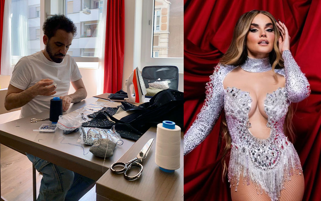 Gustavo Adolfo Tarí, en Basilea dando los últimos toques al vestuario de Melody. 'Esa Diva' arranca con bata de cola y explota en un body de pedrería. / Fotos: G.A. Tarí y Corinne Cummings / EBU