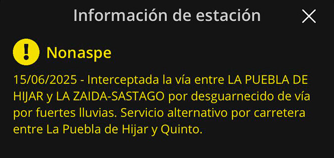 Mensaje que aparece en la aplicación de ADIF cuando se consulta un viaje entre la estación de Barcelona y Zaragoza y que pasa por las estaciones de La Zaida y La Puebla. / L.C