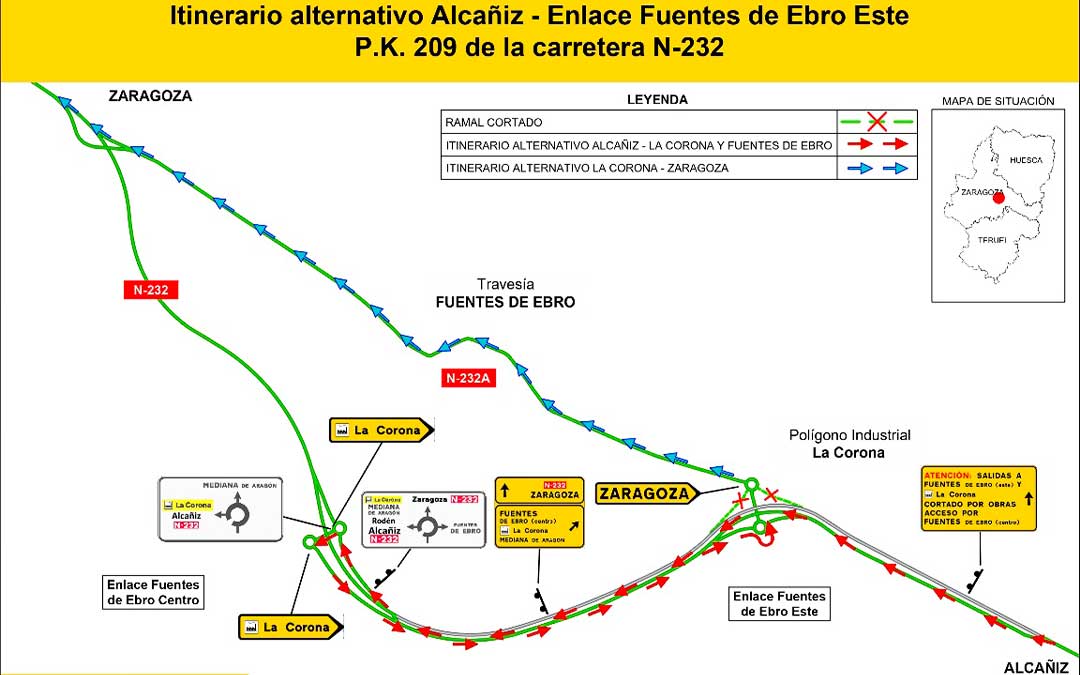 Mapa del desvío alternativo para ir sentido Alcañiz./ Mitma