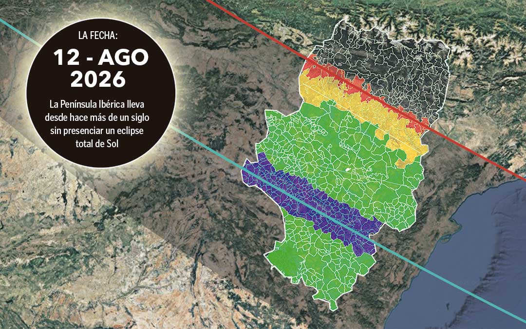 En azul, los pueblos en los que se verá completo el fenómeno de 1 minuto 43 segundos; en verde, durante más de 1 minuto; en amarillo, menos de 1 minuto; y en rojo, lugares en los que solo se verá en una parte del municipio. / La COMARCA