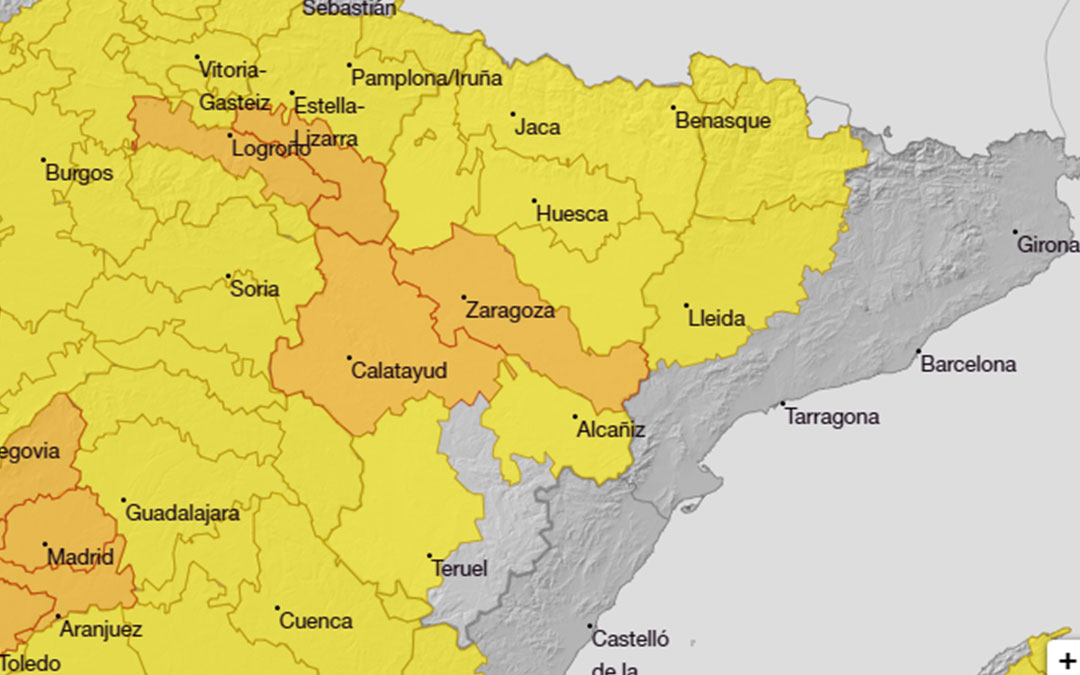 Avisos por temperaturas máximas para el jueves 7 de agosto en Aragón. / AEMET