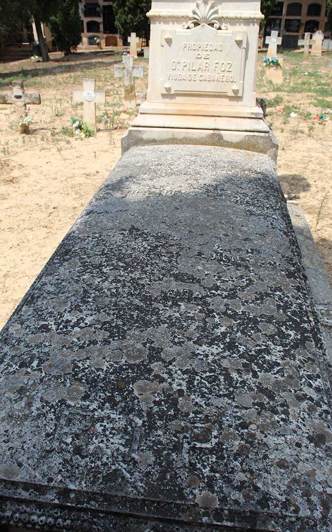 Diferencia entre la escultura, donde se lee con claridad la propiedad, y la tumba, en la que los líquenes se han comido el epitafio de la difunta. / B. Severino