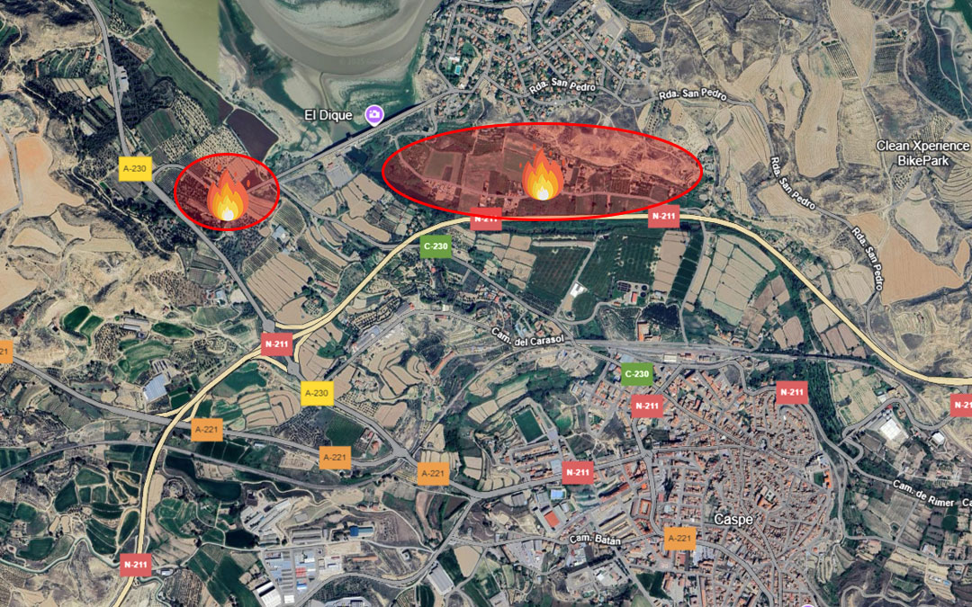 Ubicación de los dos incendios ocurridos en Caspe./ L.C.