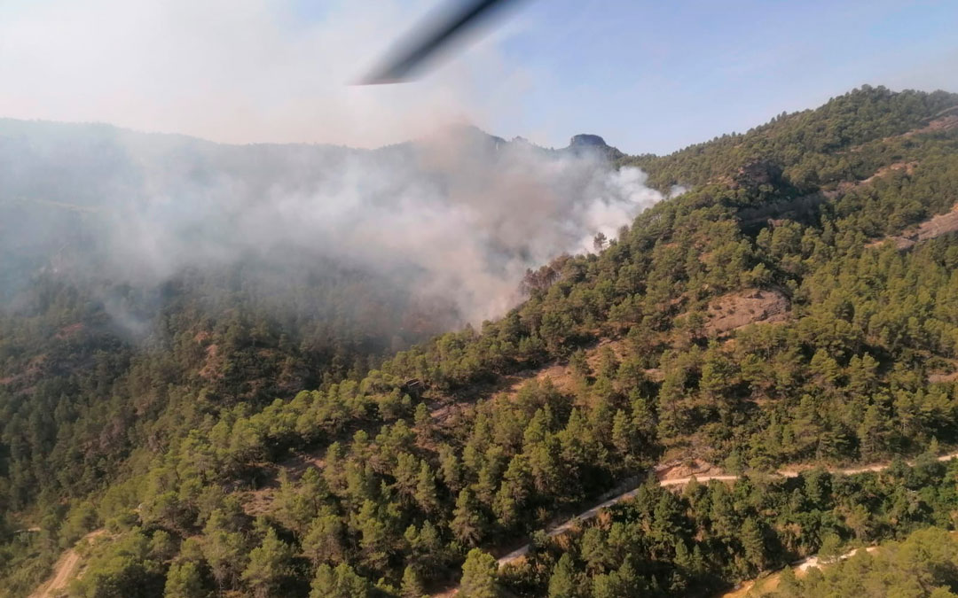 Imagen área de la columna de humo que dejaron las llamas en Beceite/ INFOAR