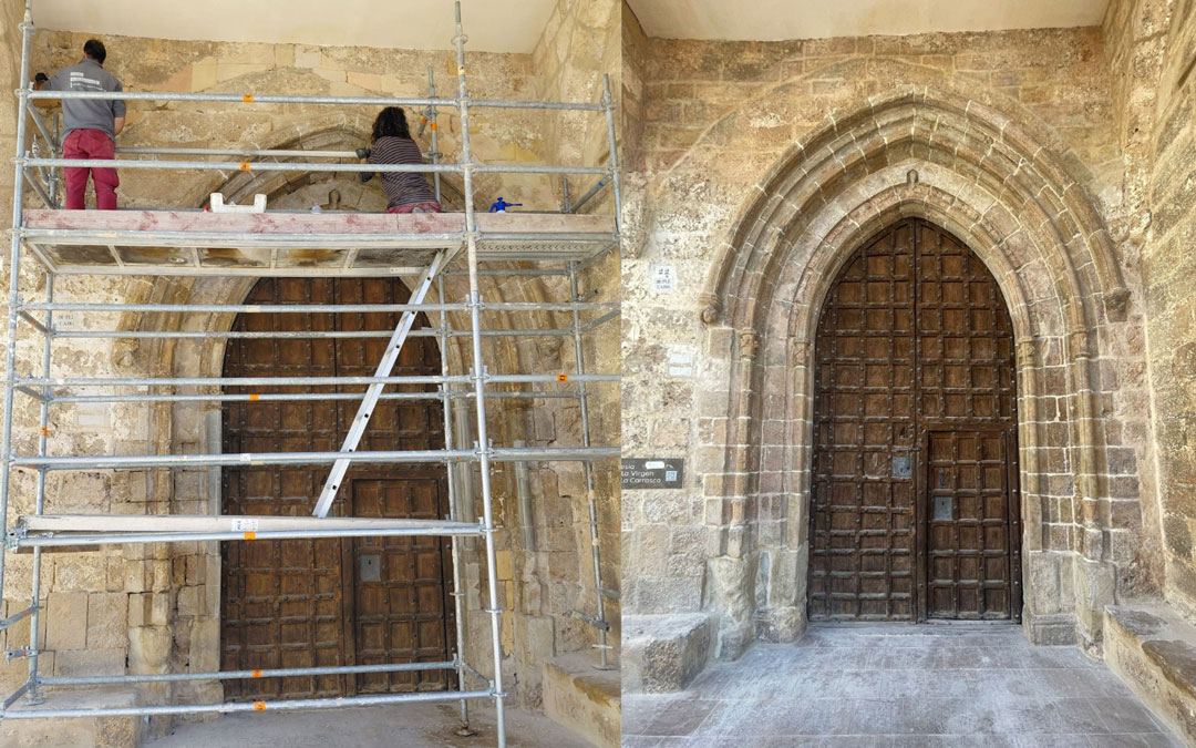 Antes y después de la portada de la Iglesia de la Virgen de la Carrasca./ CO MAESTRAZGO