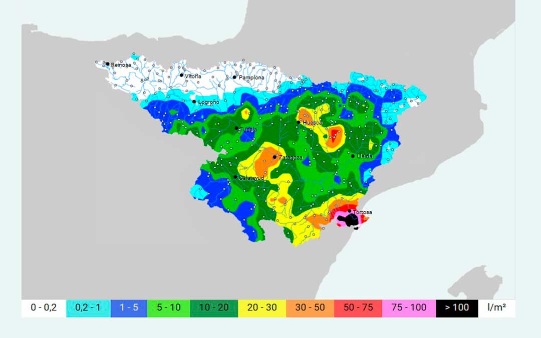 Mapa en el que se detalla la precipitación acumulada en las últimas 24 horas./ SAIH Ebro.