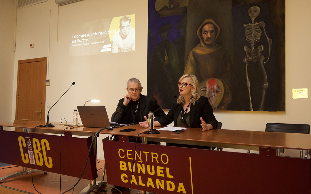 Agustín Sánchez-Vidal y Amparo Martínez, especialistas de la Universidad de Zaragoza en el I Congreso Internacional de Surcos en el CBC de Calanda. / Joana Rodríguez