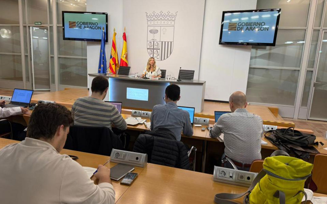 Rueda de prensa en la que la vicepresidenta, Mar Vaquero, ha anunciado los acuerdos de Consejo de Gobierno como el de la planta de Azaila. / DGA