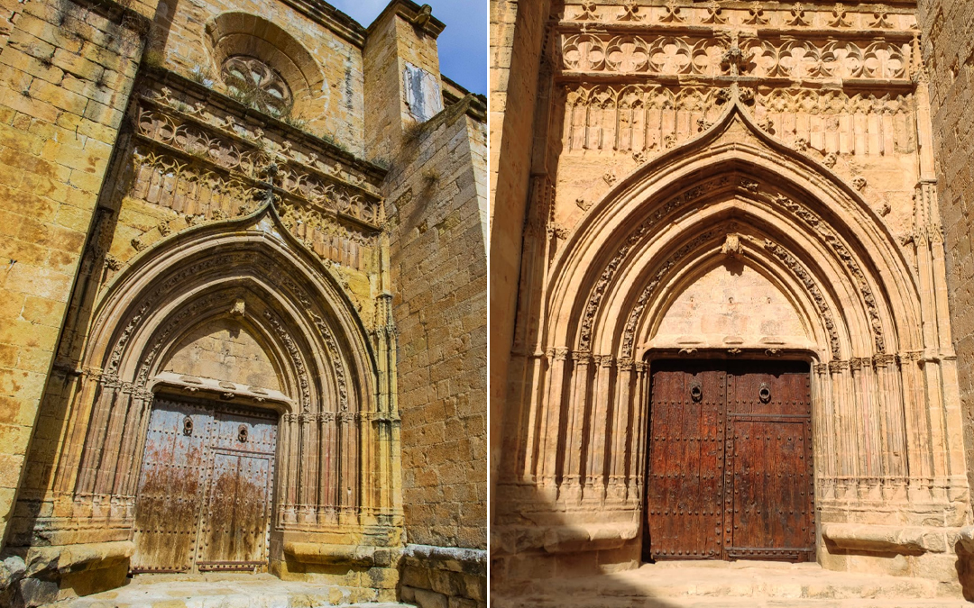 Antes y después de la restauración de la portada lateral de la Iglesia de la Virgen de las Nieves de Molinos / C. Maestrazgo