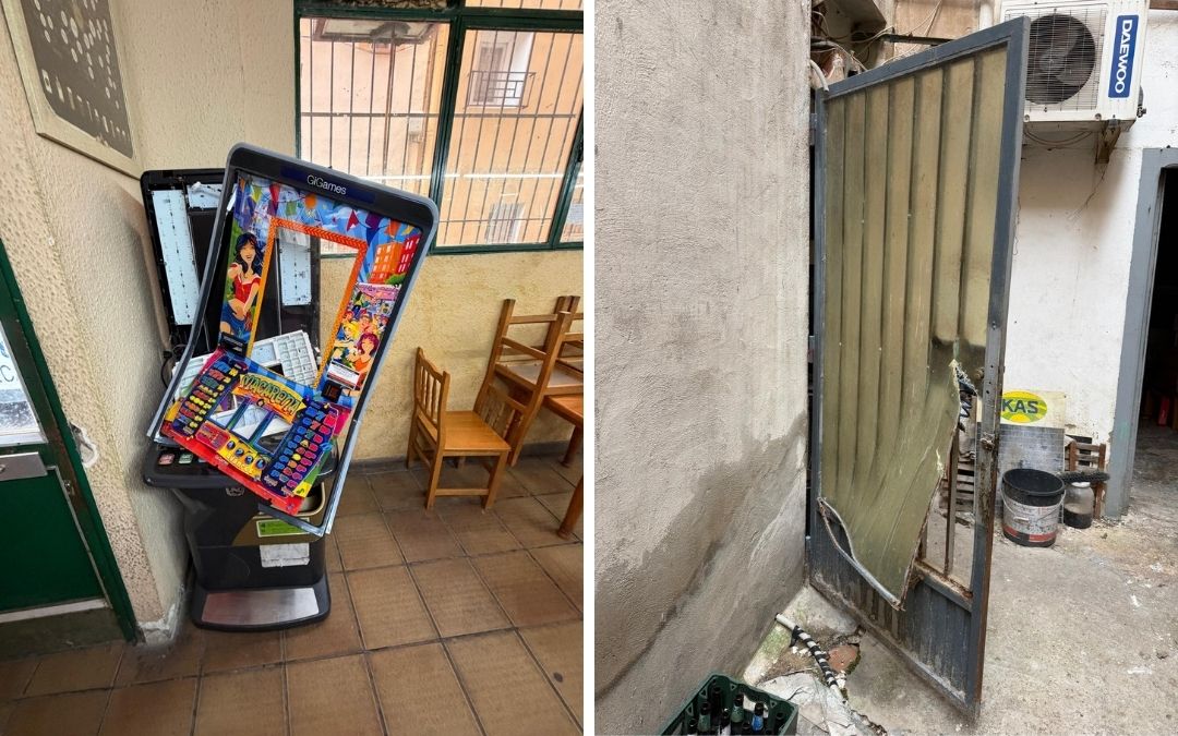 Aspecto tras el robo en el bar Doble As de Alcañiz./ L.C.