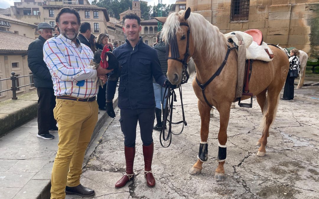 El gallo junto a un gato y un caballo en la bendición de animales de Alcañiz./ S.F.