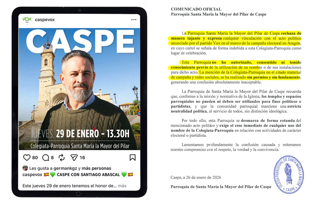 Cartel anunciado en redes sociales y comunicado de la Parroquia de Caspe./ L.C.